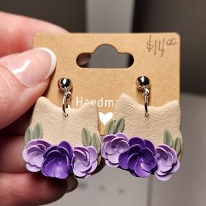 Handmade Floral Cat Earrings - Purple and Cream